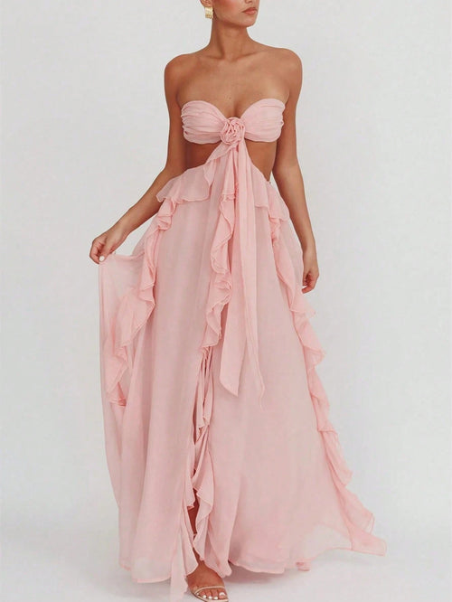 Summer Dresses For WomenWomens Boho Maxi Dress Y2k Backless Cutout Ruffle Flowy Long Dresses Strapless Beach Party Sundressdresses For Women