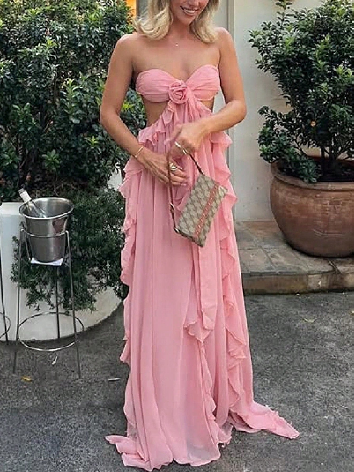 Summer Dresses For WomenWomens Boho Maxi Dress Y2k Backless Cutout Ruffle Flowy Long Dresses Strapless Beach Party Sundressdresses For Women