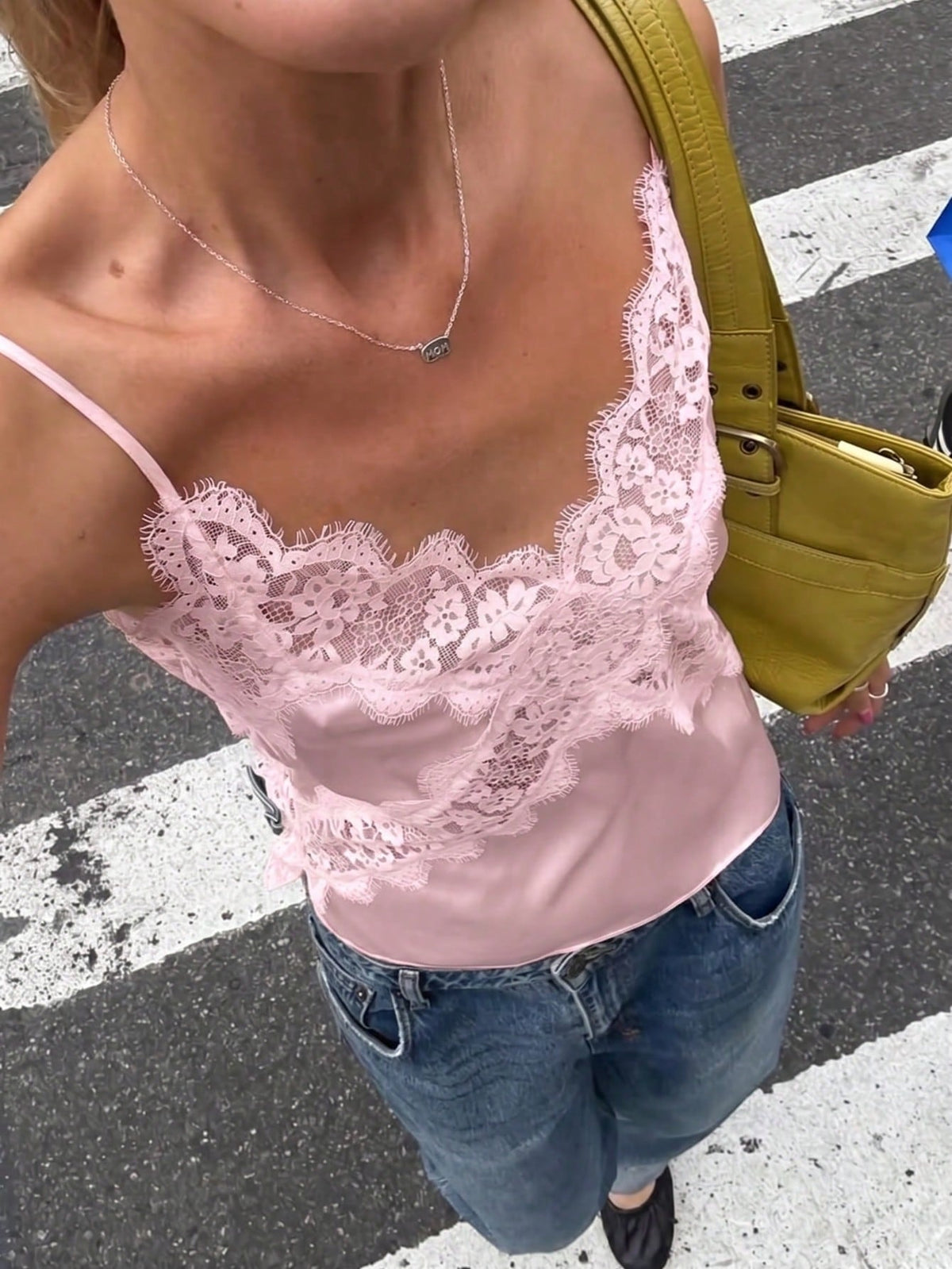 Summer Lace Criss-Cross Patchwork Satin Cami Tank Top Outerwear Inner Layer Relaxed Casual Pink