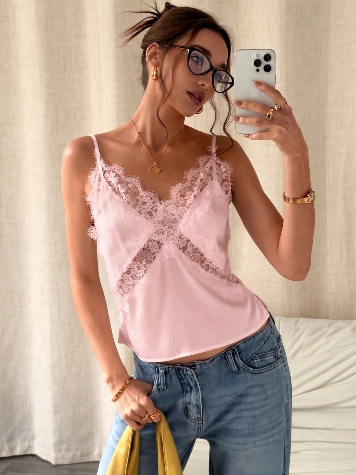 Summer Lace Criss-Cross Patchwork Satin Cami Tank Top Outerwear Inner Layer Relaxed Casual Pink