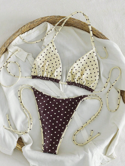 Summer Leopard Print Spaghetti Strap Tie-Up Bikini Set, Suitable For Beach Vacation, Resort Wear
