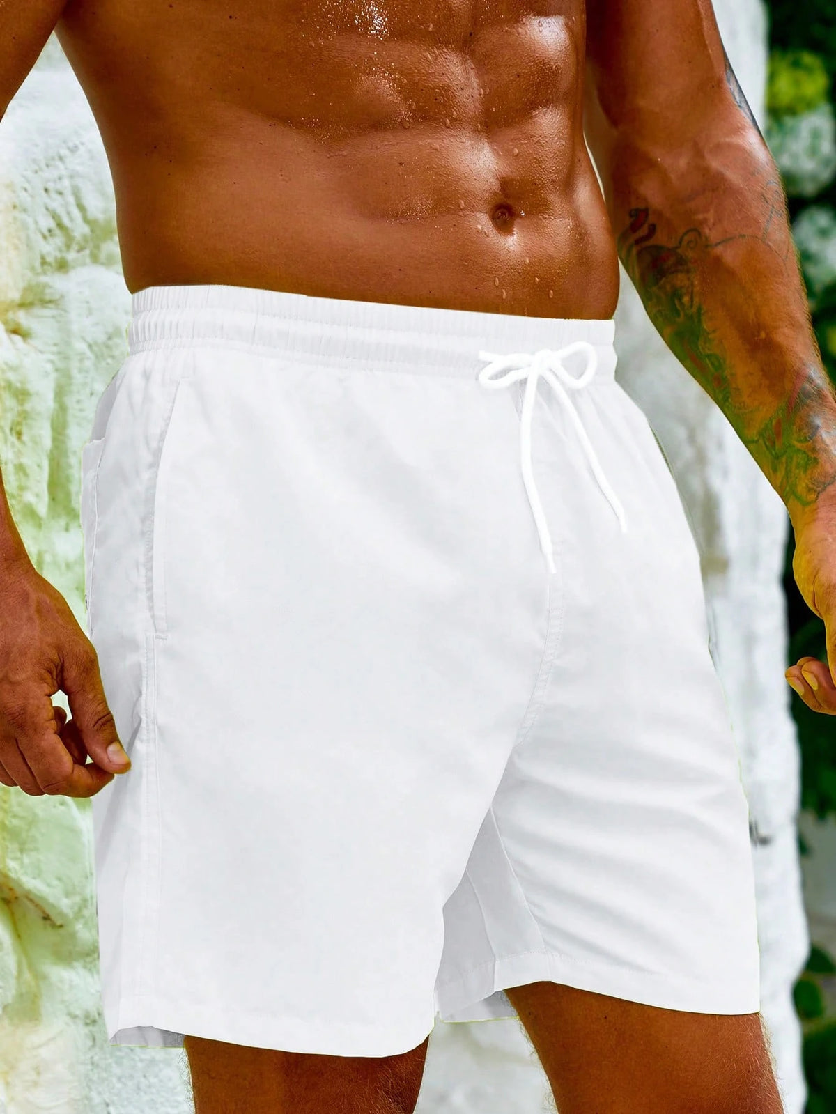 Summer Men's Beach Shorts,Olive Green Drawstring Waist Front Tie Pocket Solid Color Resort Casual Summer Holiday Swim Trunks