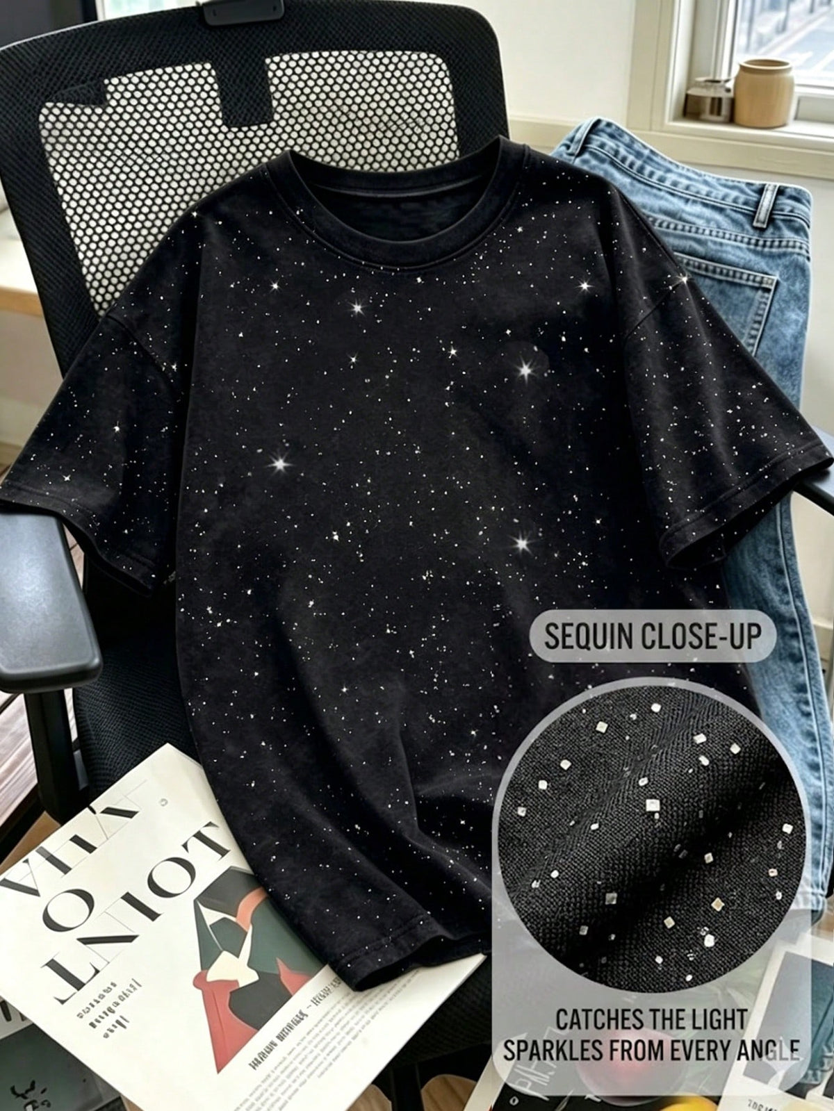 Summer New Casual Shiny Glitter Round Neck Short Sleeve T-Shirt, Fashionable Loose Versatile Tee For Women Black