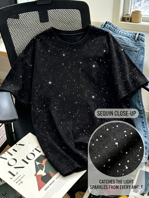 Summer New Casual Shiny Glitter Round Neck Short Sleeve T-Shirt, Fashionable Loose Versatile Tee For Women Black
