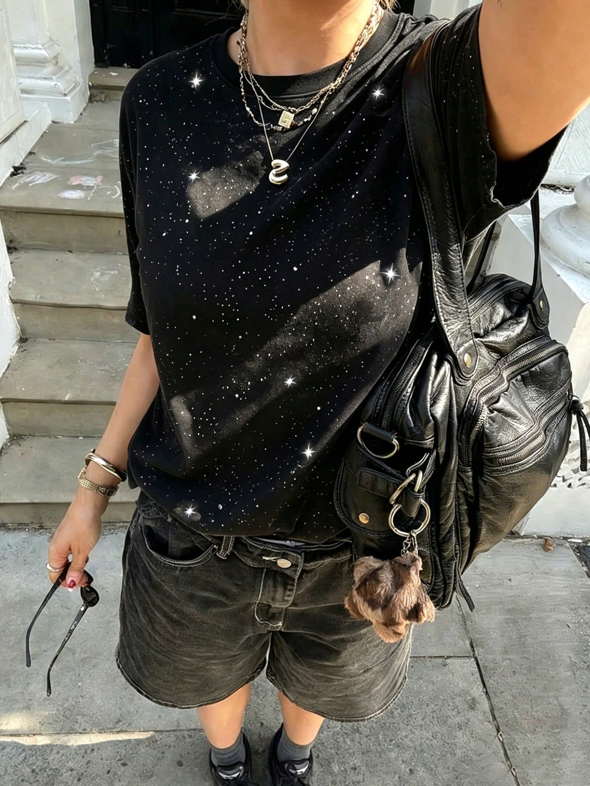 Summer New Casual Shiny Glitter Round Neck Short Sleeve T-Shirt, Fashionable Loose Versatile Tee For Women Black