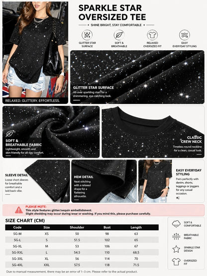 Summer New Casual Shiny Glitter Round Neck Short Sleeve T-Shirt, Fashionable Loose Versatile Tee For Women Black