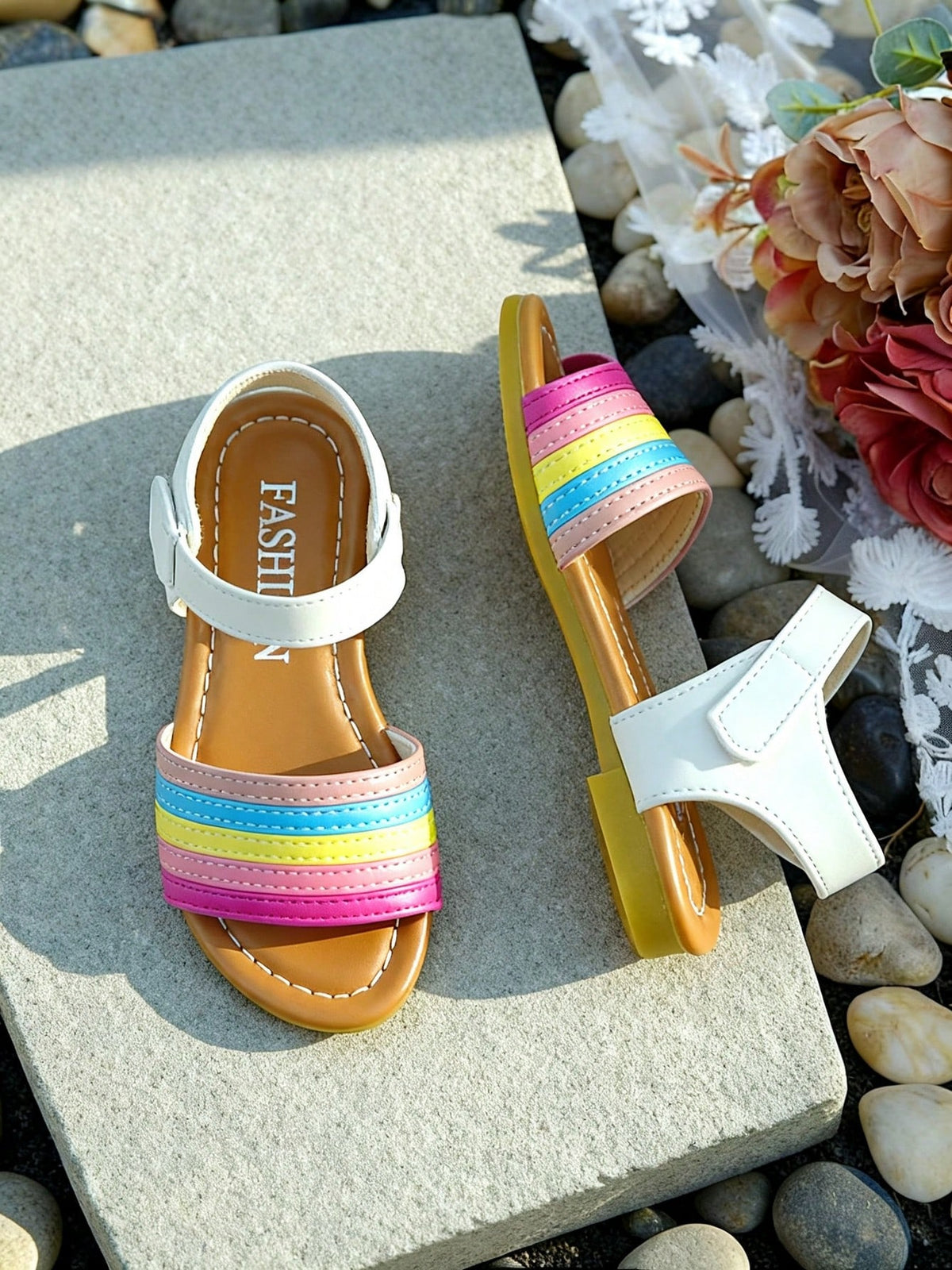 Summer Rainbow Strip Flat Girls Sandals, Adjustable Hook And Loop Ankle Strap Open Toe Kids Shoes, Light Soft Holiday Beach Walking Footwear