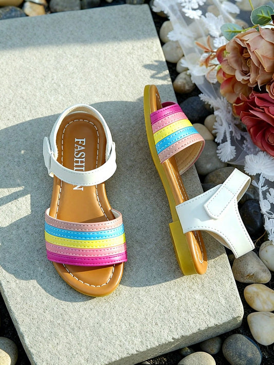 Summer Rainbow Strip Flat Girls Sandals, Adjustable Hook And Loop Ankle Strap Open Toe Kids Shoes, Light Soft Holiday Beach Walking Footwear