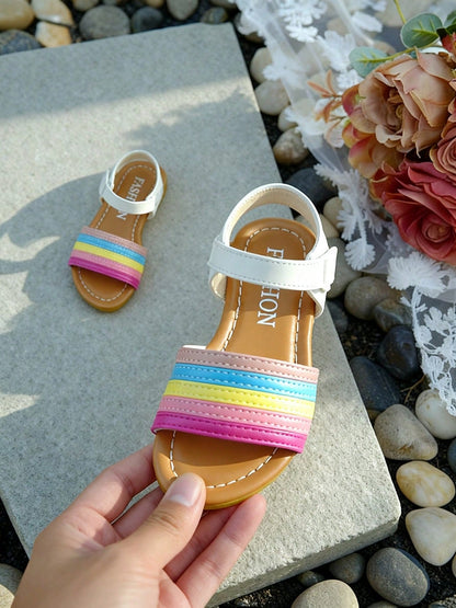 Summer Rainbow Strip Flat Girls Sandals, Adjustable Hook And Loop Ankle Strap Open Toe Kids Shoes, Light Soft Holiday Beach Walking Footwear
