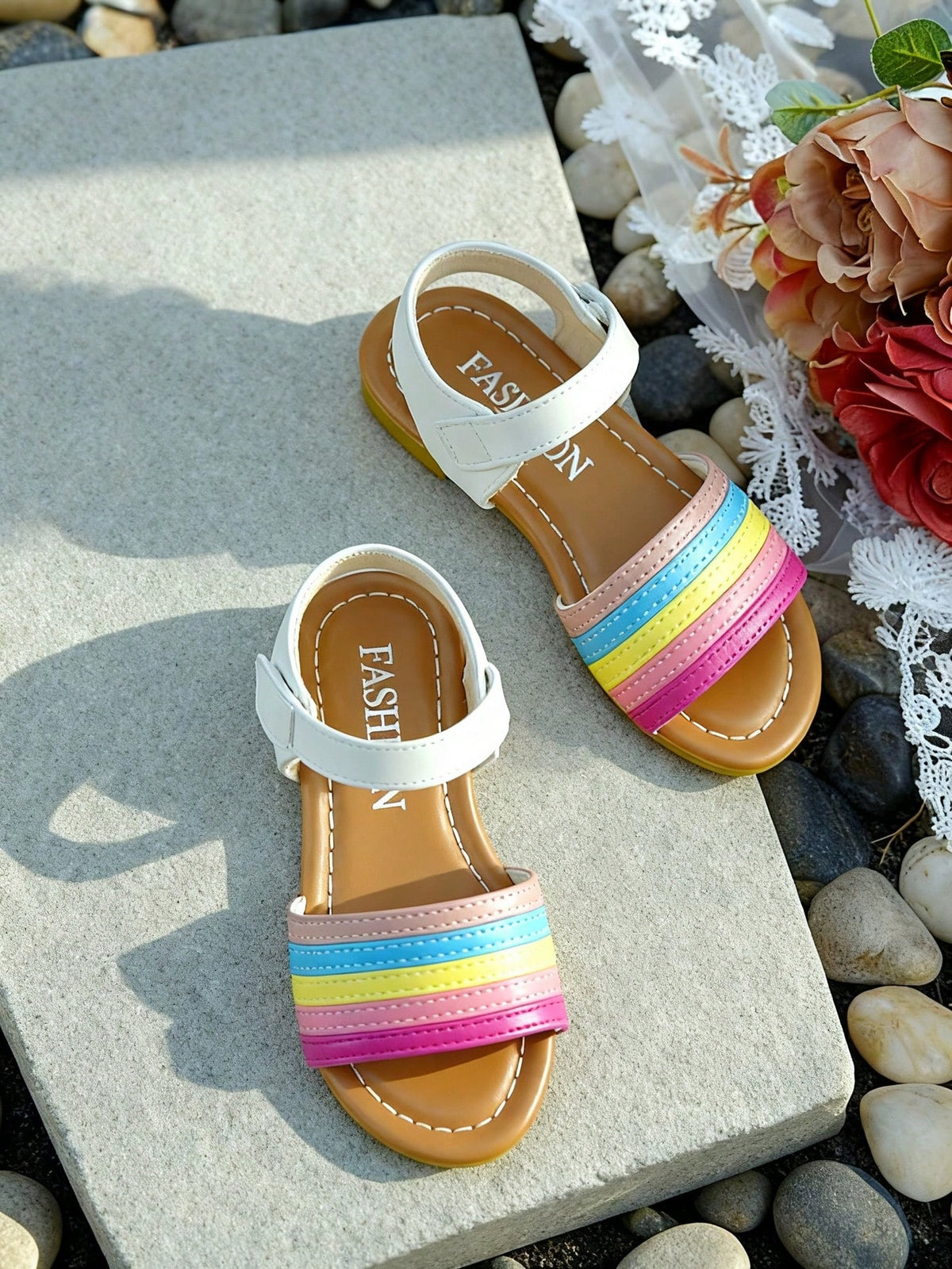 Summer Rainbow Strip Flat Girls Sandals, Adjustable Hook And Loop Ankle Strap Open Toe Kids Shoes, Light Soft Holiday Beach Walking Footwear