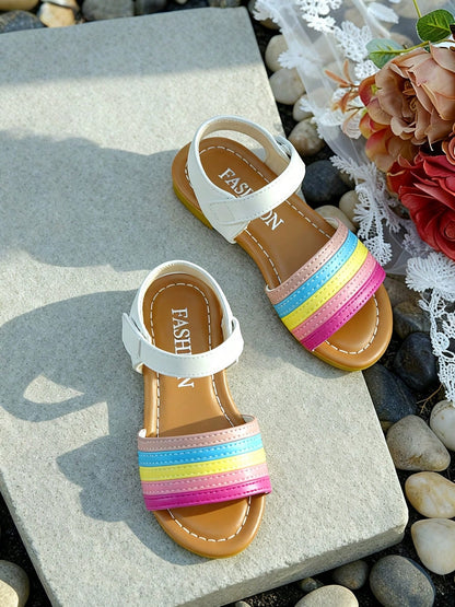 Summer Rainbow Strip Flat Girls Sandals, Adjustable Hook And Loop Ankle Strap Open Toe Kids Shoes, Light Soft Holiday Beach Walking Footwear
