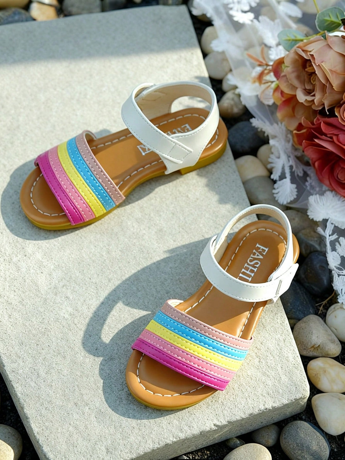 Summer Rainbow Strip Flat Girls Sandals, Adjustable Hook And Loop Ankle Strap Open Toe Kids Shoes, Light Soft Holiday Beach Walking Footwear