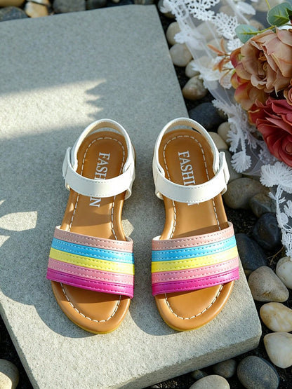 Summer Rainbow Strip Flat Girls Sandals, Adjustable Hook And Loop Ankle Strap Open Toe Kids Shoes, Light Soft Holiday Beach Walking Footwear