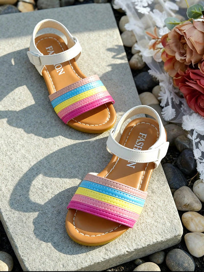 Summer Rainbow Strip Flat Girls Sandals, Adjustable Hook And Loop Ankle Strap Open Toe Kids Shoes, Light Soft Holiday Beach Walking Footwear