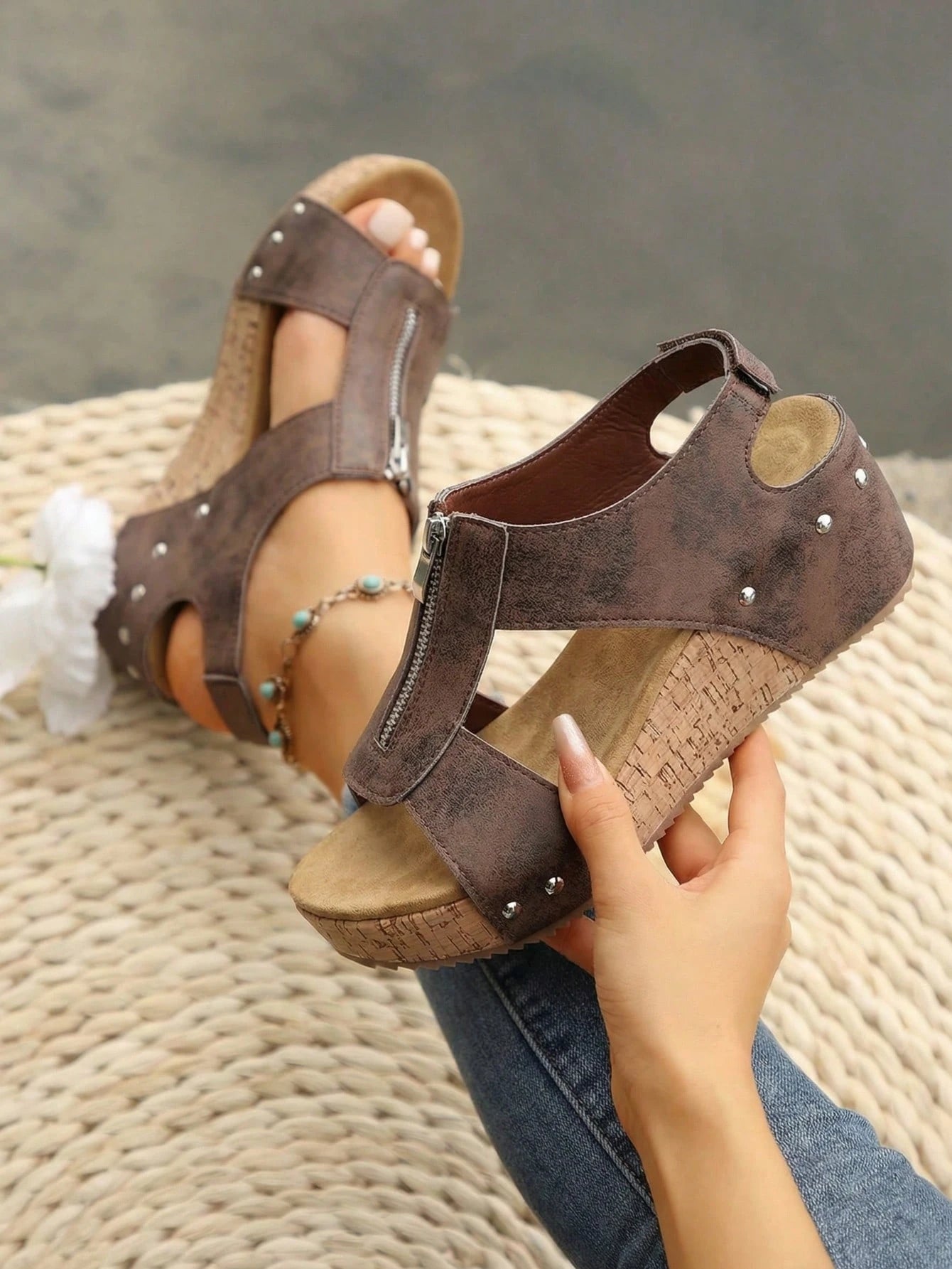 Summer Thick-Soled Wedge Heightening Slip-On Slippers, Zip Sandals, Boho Style. Outdoor Wear For Daily, Vacation & Street Fashion.