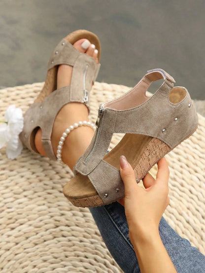 Summer Thick-Soled Wedge Heightening Slip-On Slippers, Zip Sandals, Boho Style. Outdoor Wear For Daily, Vacation & Street Fashion.
