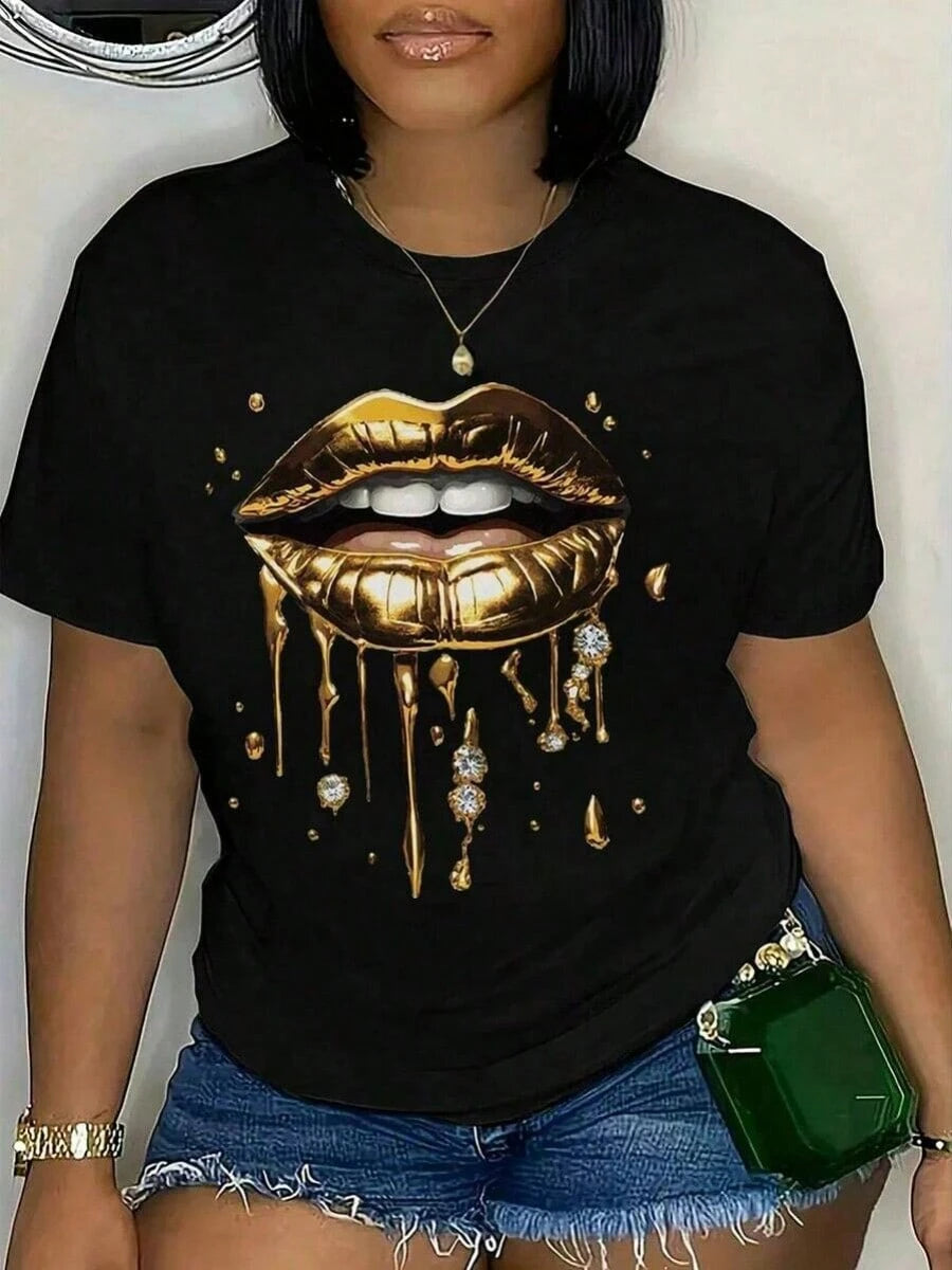Summer Tops Women's Fashionable Golden Lip Print Round Neck Short Sleeve Casual T-Shirt Loose And Comfortable Tops For Women White Shirt Anti-Wrinkle Cotton T-Shirt
