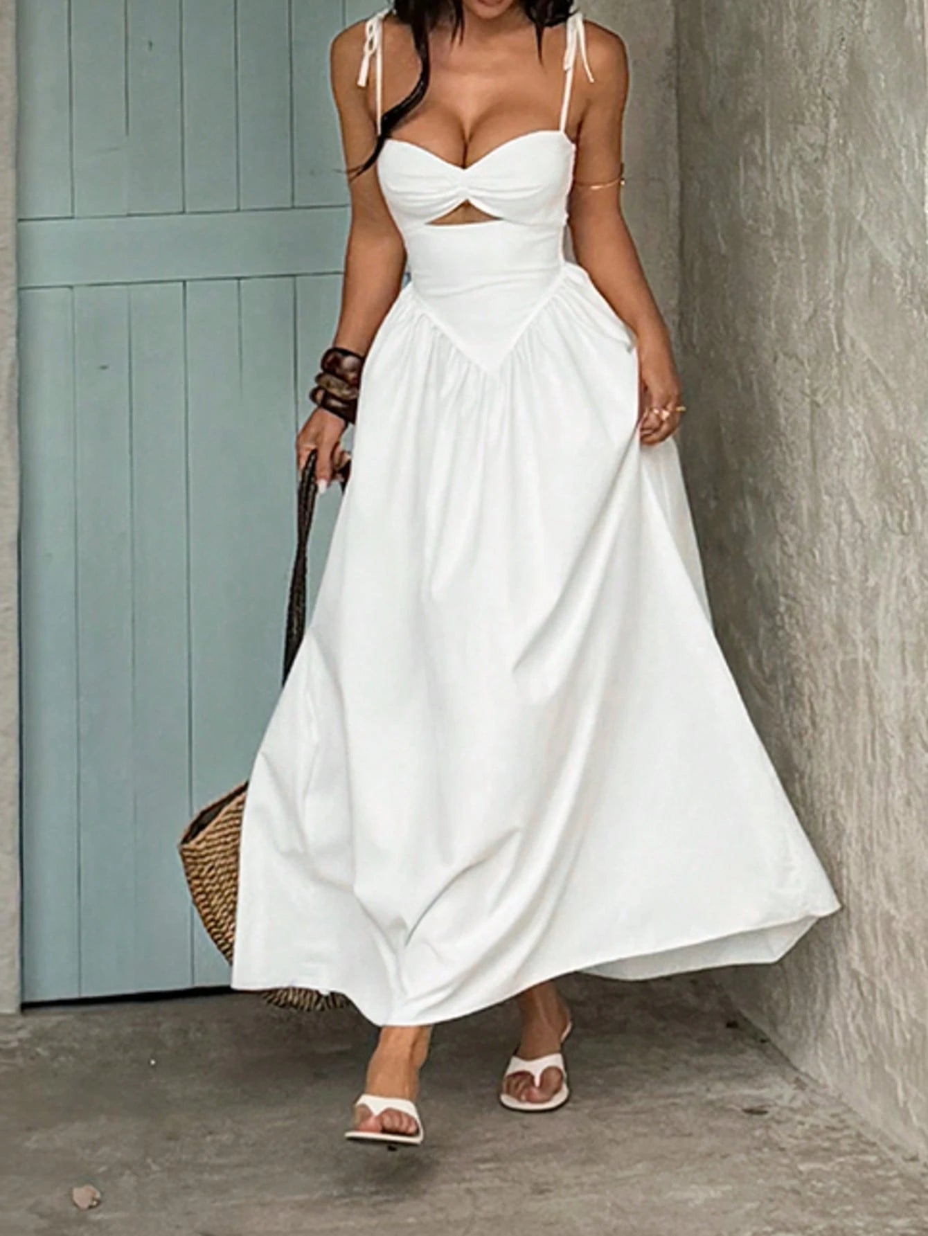Summer, Women's Beach Dress, Casual And Simple Pleated Waist Vacation Dress, Suitable For Office, Commuting, Back-To-School Wear