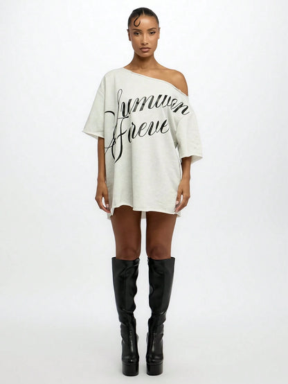 SUMWON WOMEN Oversized Summer Street Style Off-Shoulder Mini Length T-Shirt Dress Loungewear Casual Weekend Festival Urban Streetwear Athleisure Script Text