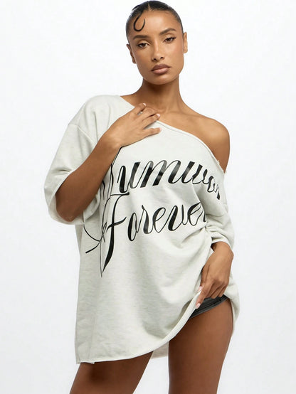 SUMWON WOMEN Oversized Summer Street Style Off-Shoulder Mini Length T-Shirt Dress Loungewear Casual Weekend Festival Urban Streetwear Athleisure Script Text
