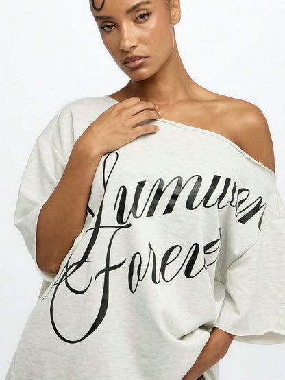 SUMWON WOMEN Oversized Summer Street Style Off-Shoulder Mini Length T-Shirt Dress Loungewear Casual Weekend Festival Urban Streetwear Athleisure Script Text