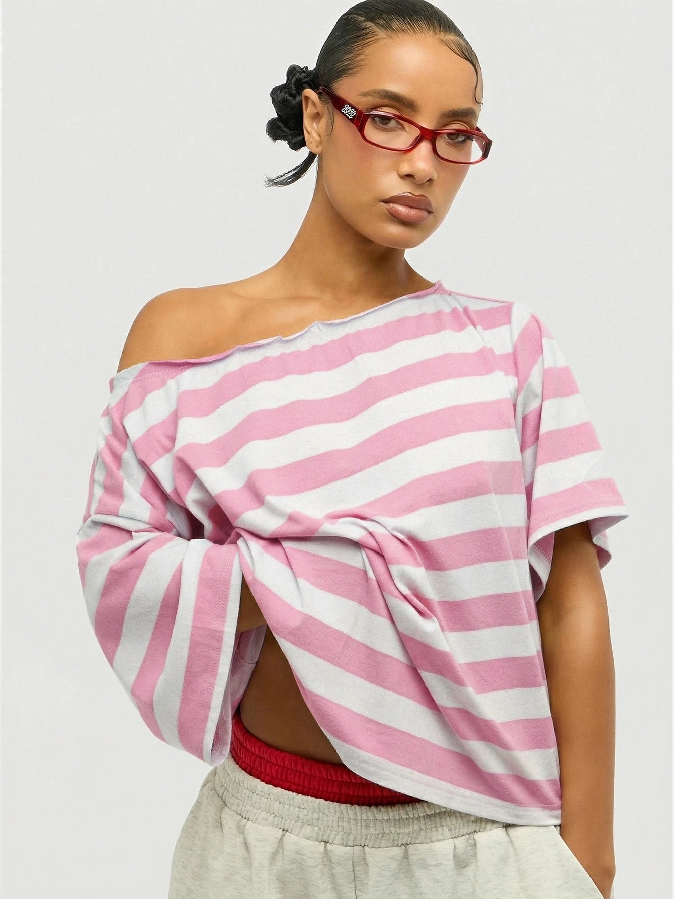 SUMWON WOMEN Plus Size Off Shoulder Striped T-Shirt With Tie Front Detail Pink White Casual Summer Top