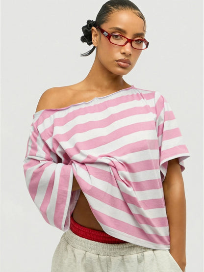 SUMWON WOMEN Plus Size Off Shoulder Striped T-Shirt With Tie Front Detail Pink White Casual Summer Top