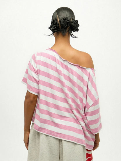 SUMWON WOMEN Plus Size Off Shoulder Striped T-Shirt With Tie Front Detail Pink White Casual Summer Top