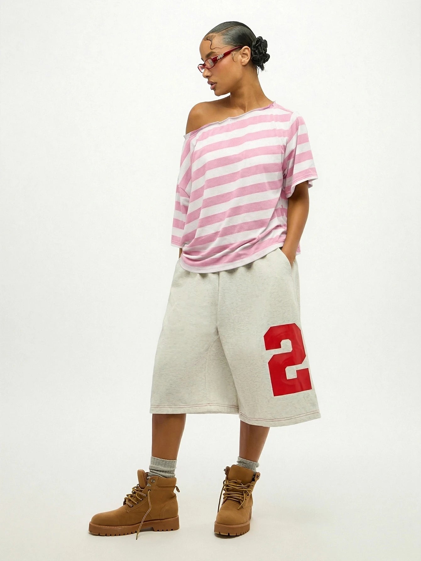 SUMWON WOMEN Plus Size Off Shoulder Striped T-Shirt With Tie Front Detail Pink White Casual Summer Top