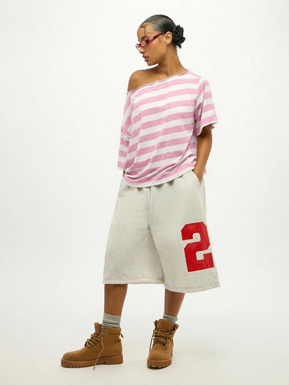 SUMWON WOMEN Plus Size Off Shoulder Striped T-Shirt With Tie Front Detail Pink White Casual Summer Top