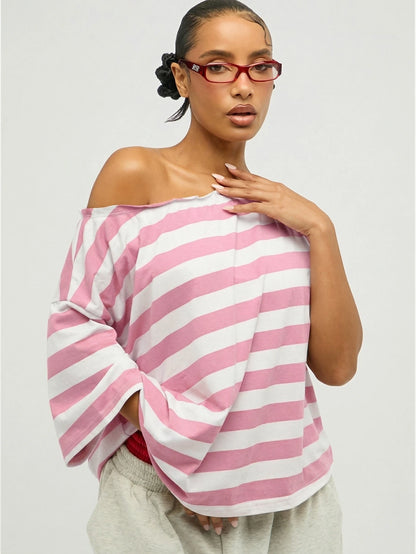 SUMWON WOMEN Plus Size Off Shoulder Striped T-Shirt With Tie Front Detail Pink White Casual Summer Top