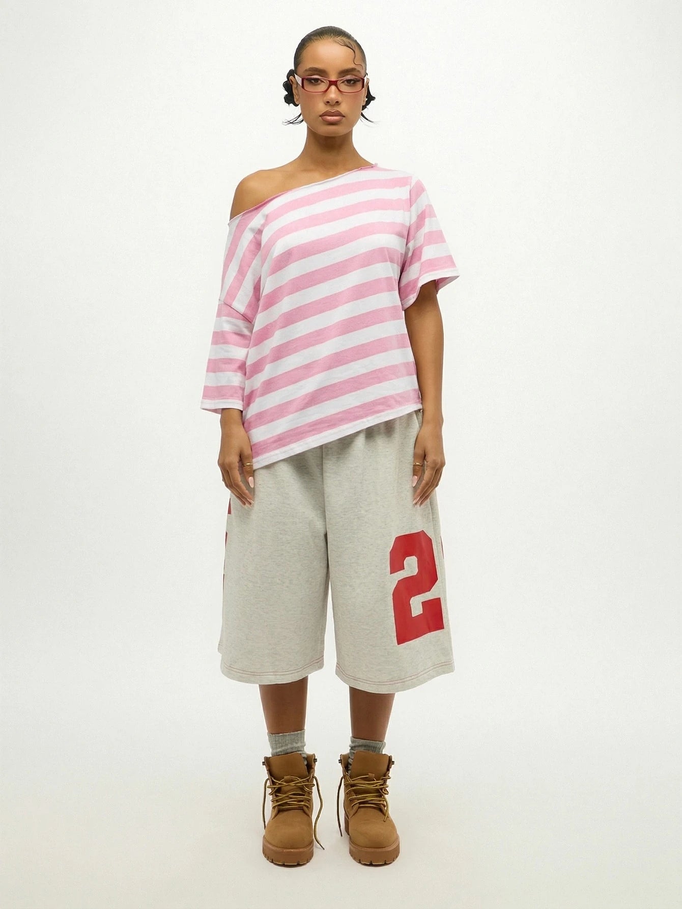SUMWON WOMEN Plus Size Off Shoulder Striped T-Shirt With Tie Front Detail Pink White Casual Summer Top