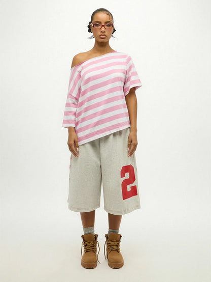 SUMWON WOMEN Plus Size Off Shoulder Striped T-Shirt With Tie Front Detail Pink White Casual Summer Top