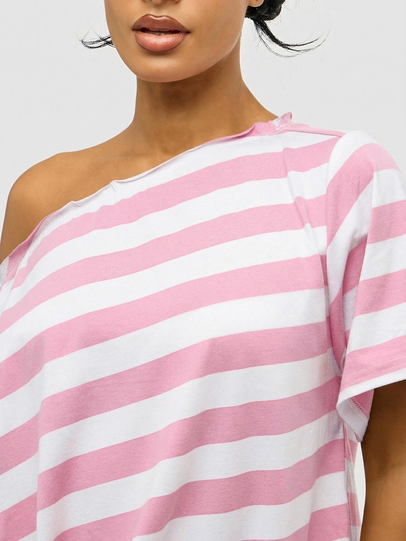 SUMWON WOMEN Plus Size Off Shoulder Striped T-Shirt With Tie Front Detail Pink White Casual Summer Top
