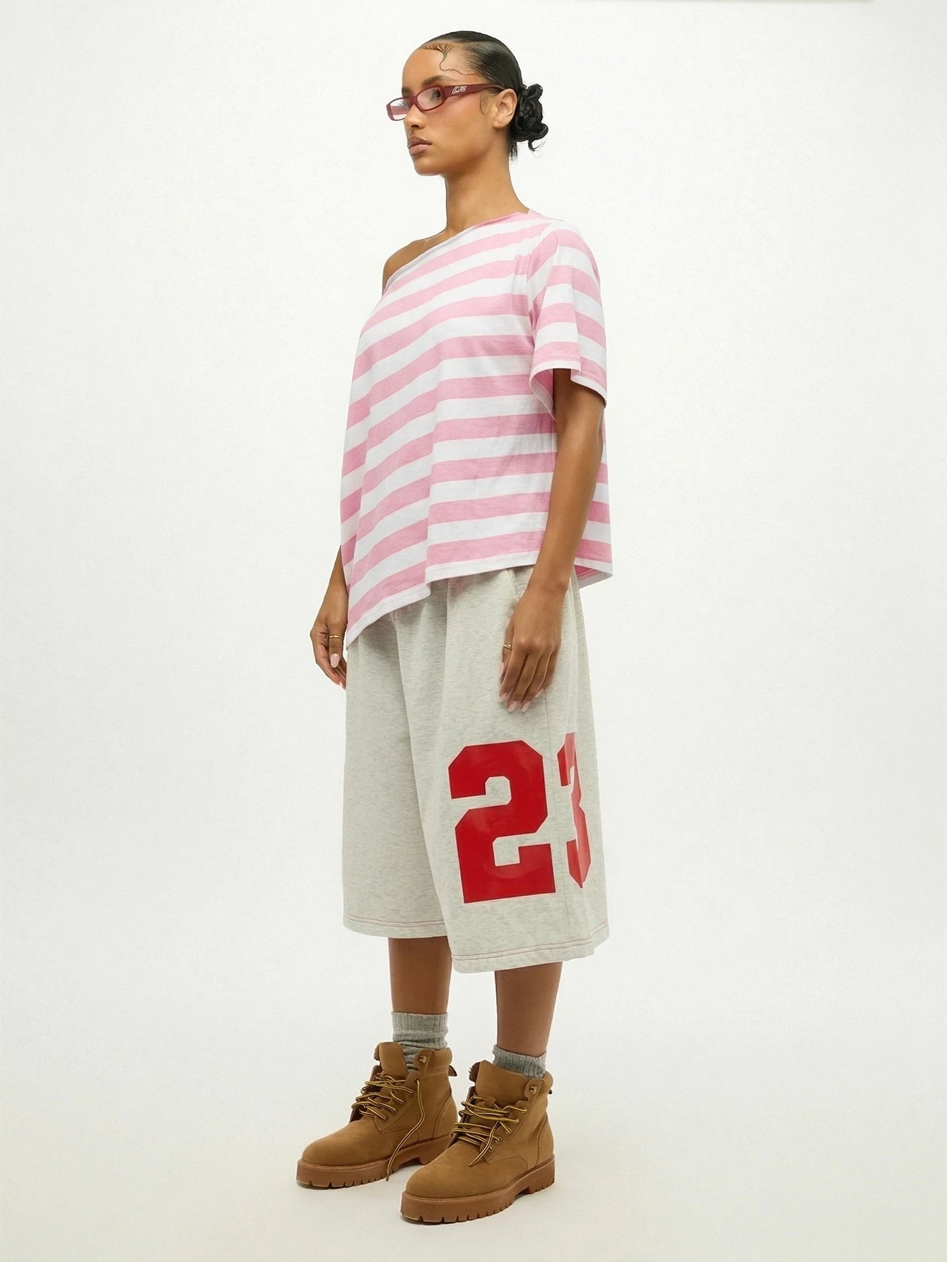 SUMWON WOMEN Plus Size Off Shoulder Striped T-Shirt With Tie Front Detail Pink White Casual Summer Top