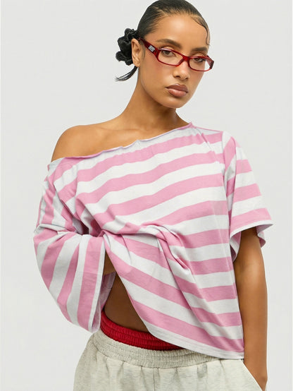 SUMWON WOMEN Plus Size Off Shoulder Striped T-Shirt With Tie Front Detail Pink White Casual Summer Top