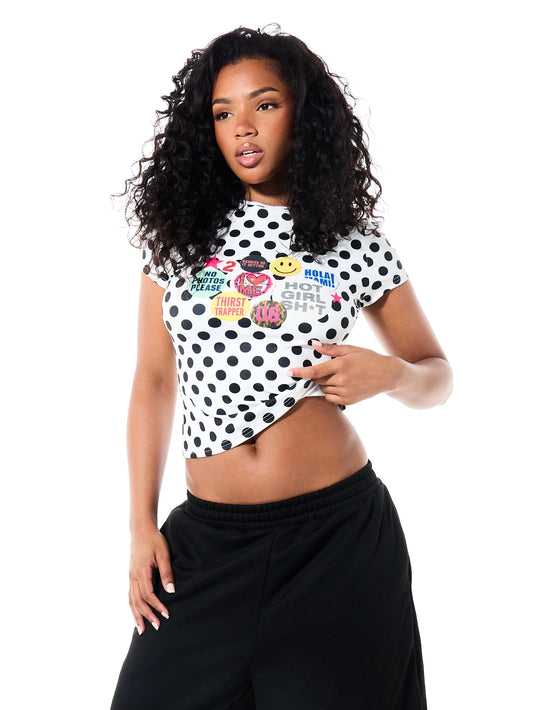 SUMWON WOMEN Polka Dot Crop Slim Fit Tee With Retro Sticker Graphic Print Crew Neck Short Sleeve Summer Festival Top