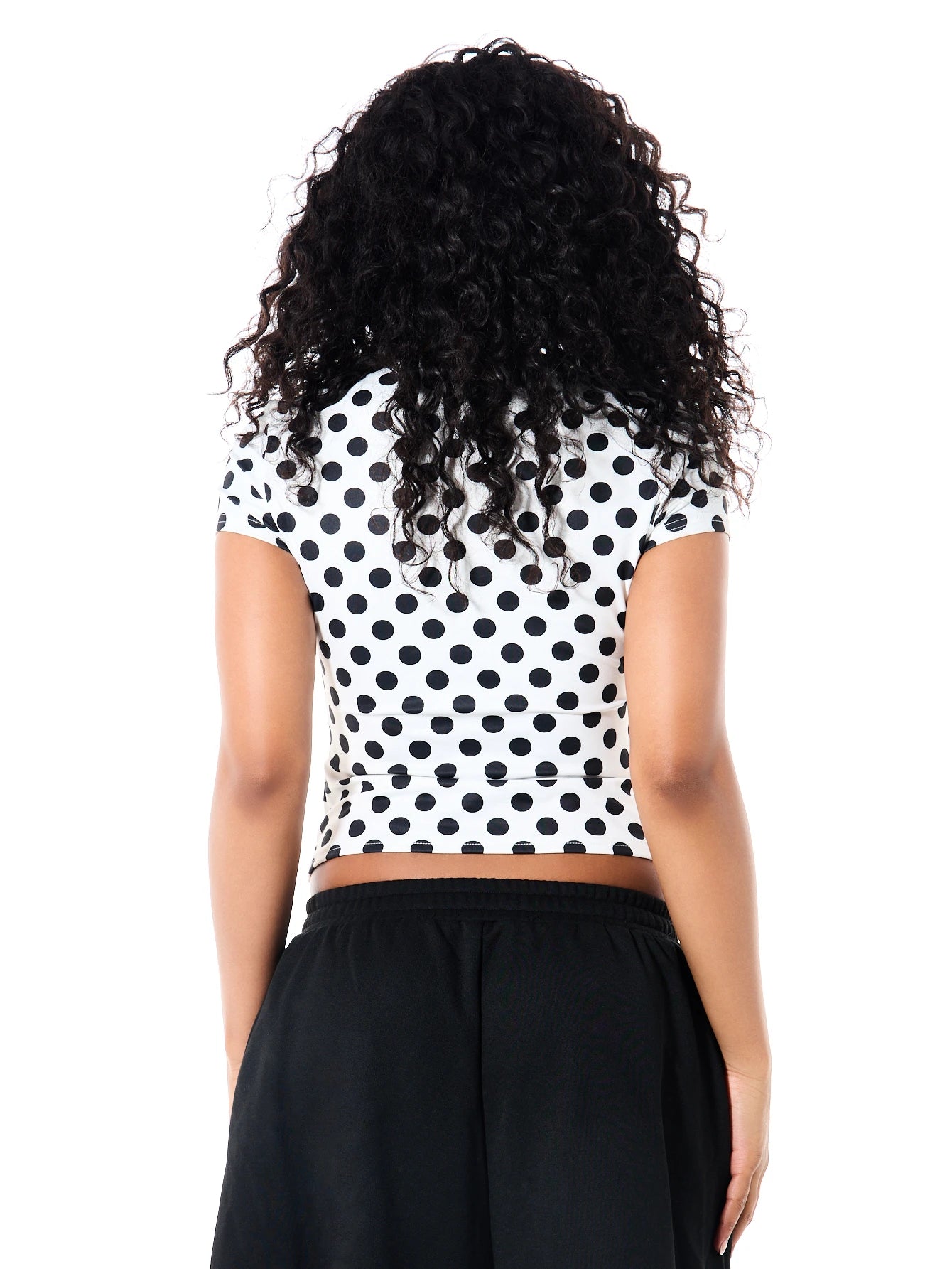 SUMWON WOMEN Polka Dot Crop Slim Fit Tee With Retro Sticker Graphic Print Crew Neck Short Sleeve Summer Festival Top