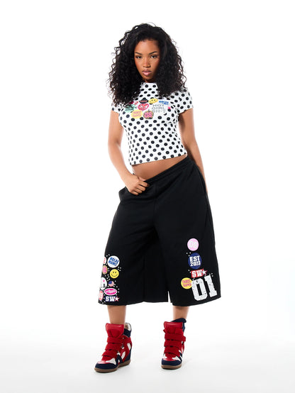 SUMWON WOMEN Polka Dot Crop Slim Fit Tee With Retro Sticker Graphic Print Crew Neck Short Sleeve Summer Festival Top