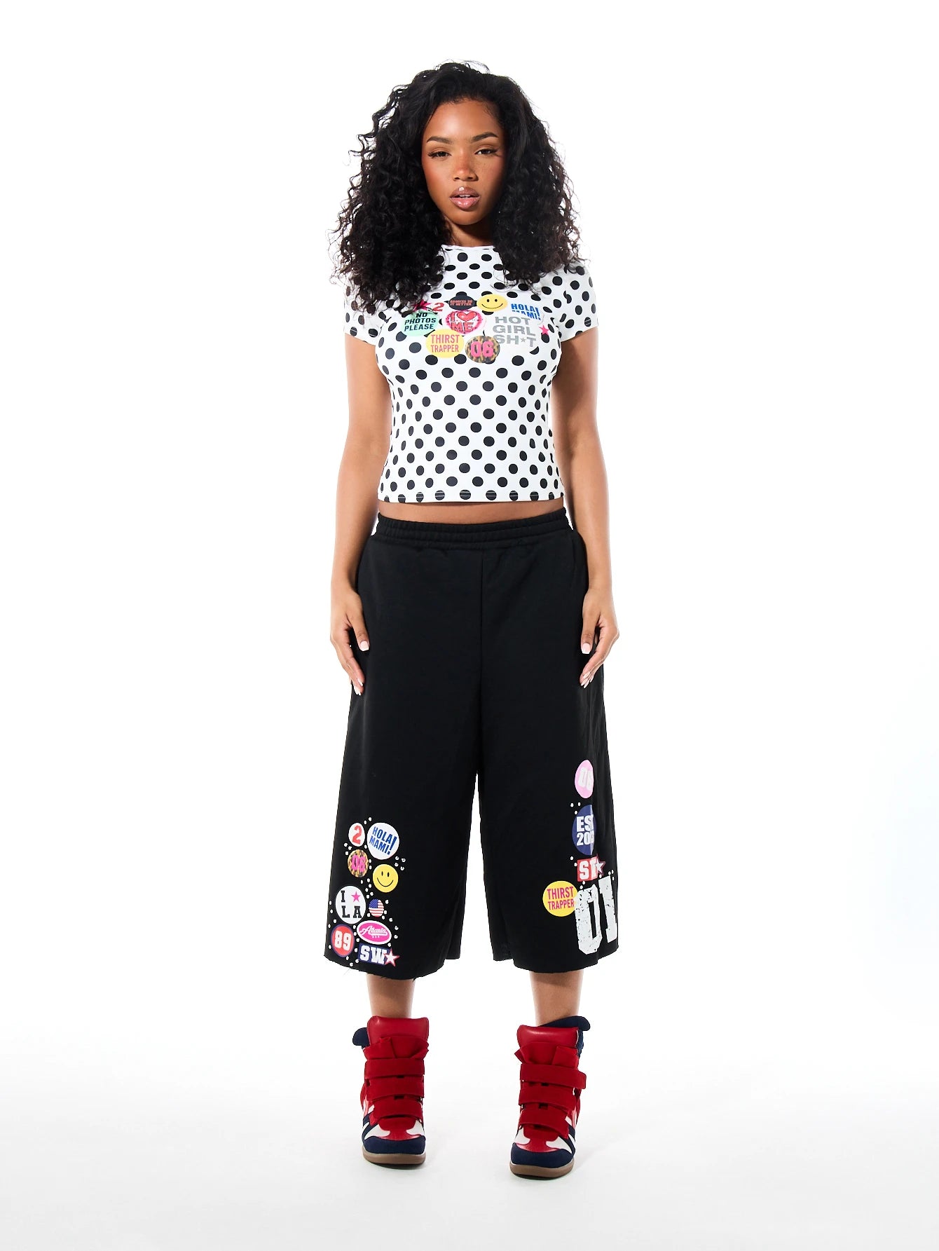 SUMWON WOMEN Polka Dot Crop Slim Fit Tee With Retro Sticker Graphic Print Crew Neck Short Sleeve Summer Festival Top