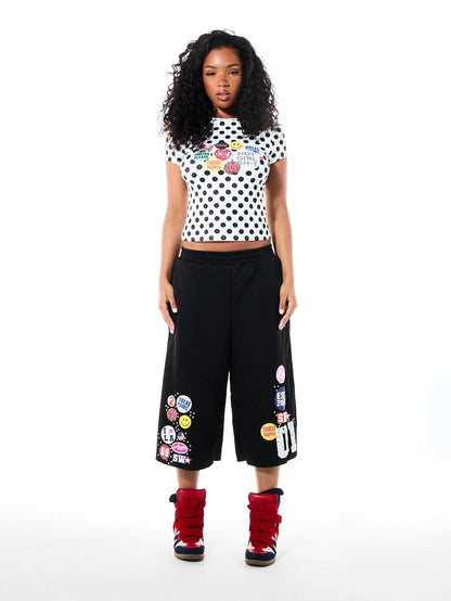 SUMWON WOMEN Polka Dot Crop Slim Fit Tee With Retro Sticker Graphic Print Crew Neck Short Sleeve Summer Festival Top