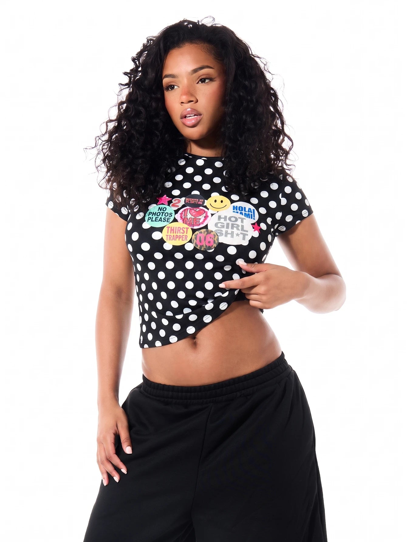 SUMWON WOMEN Polka Dot Crop Slim Fit Tee With Retro Sticker Graphic Print Crew Neck Short Sleeve Summer Festival Top