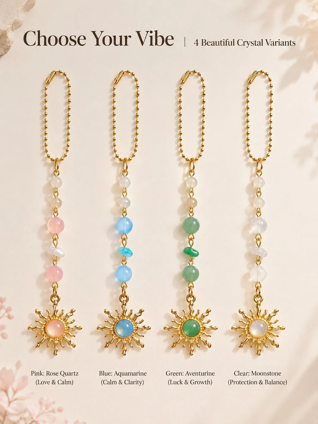 Sun Crystal Car Rearview Mirror Hanging Ornament- Natural Quartz & Pearl Auto Interior Decoration, Boho Chic Vehicle Charm Guardian Gift For Women