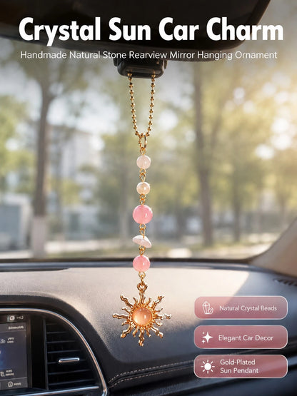 Sun Crystal Car Rearview Mirror Hanging Ornament- Natural Quartz & Pearl Auto Interior Decoration, Boho Chic Vehicle Charm Guardian Gift For Women