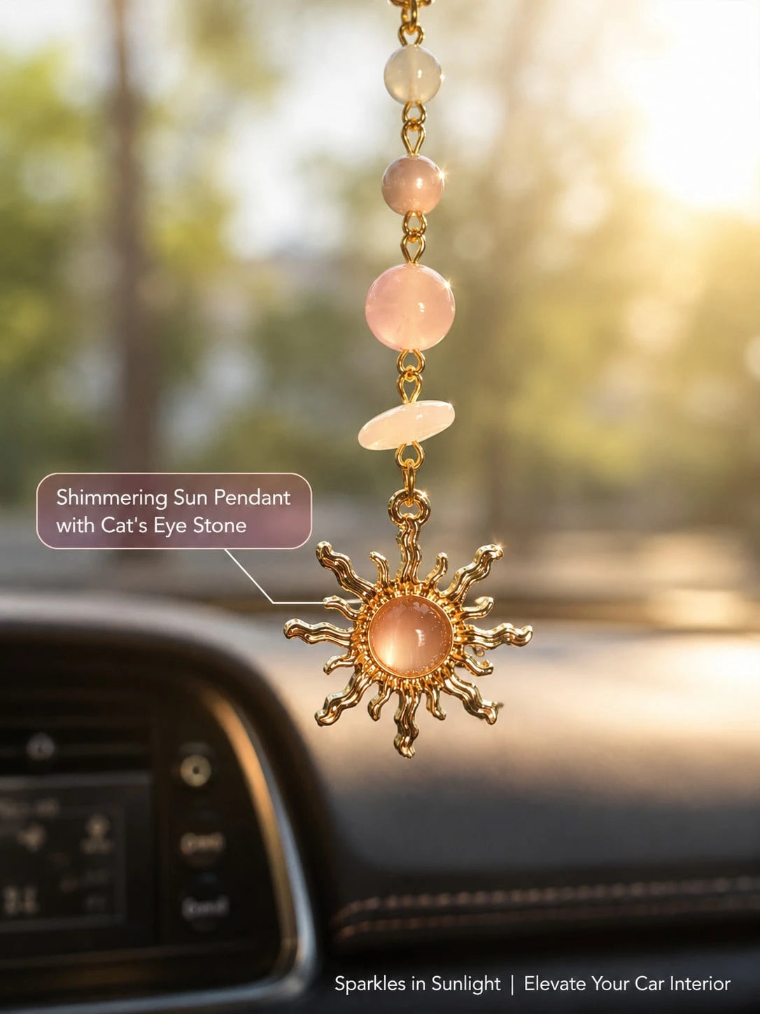 Sun Crystal Car Rearview Mirror Hanging Ornament- Natural Quartz & Pearl Auto Interior Decoration, Boho Chic Vehicle Charm Guardian Gift For Women