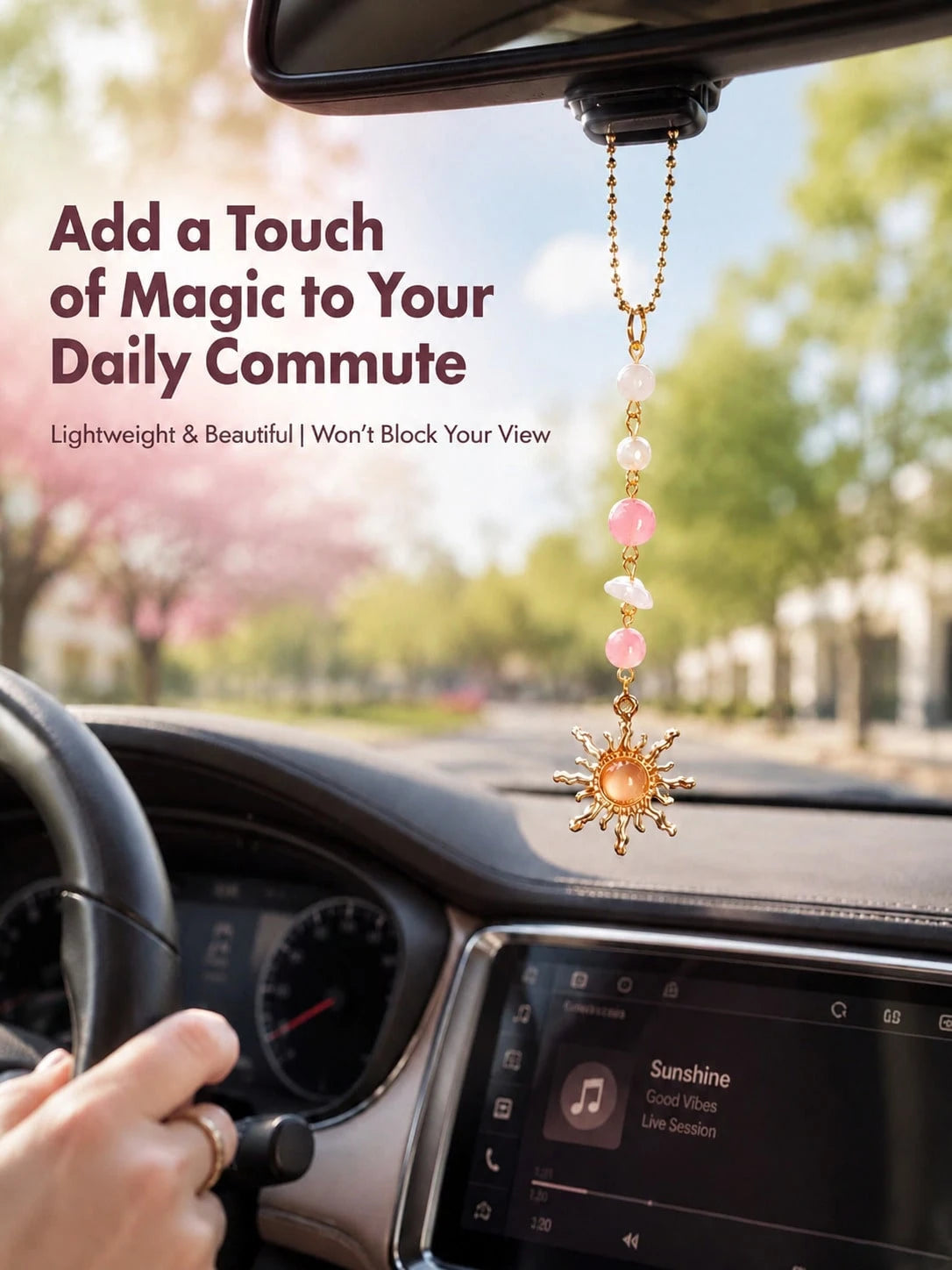 Sun Crystal Car Rearview Mirror Hanging Ornament- Natural Quartz & Pearl Auto Interior Decoration, Boho Chic Vehicle Charm Guardian Gift For Women