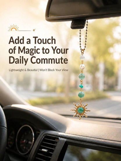 Sun Crystal Car Rearview Mirror Hanging Ornament- Natural Quartz & Pearl Auto Interior Decoration, Boho Chic Vehicle Charm Guardian Gift For Women