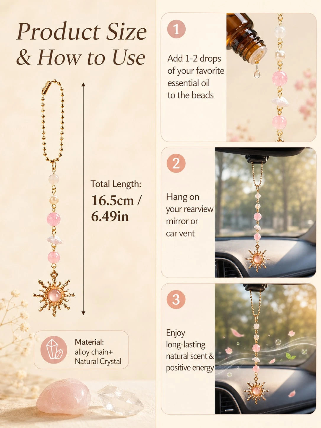 Sun Crystal Car Rearview Mirror Hanging Ornament- Natural Quartz & Pearl Auto Interior Decoration, Boho Chic Vehicle Charm Guardian Gift For Women