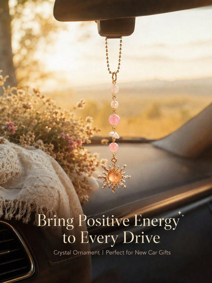 Sun Crystal Car Rearview Mirror Hanging Ornament- Natural Quartz & Pearl Auto Interior Decoration, Boho Chic Vehicle Charm Guardian Gift For Women