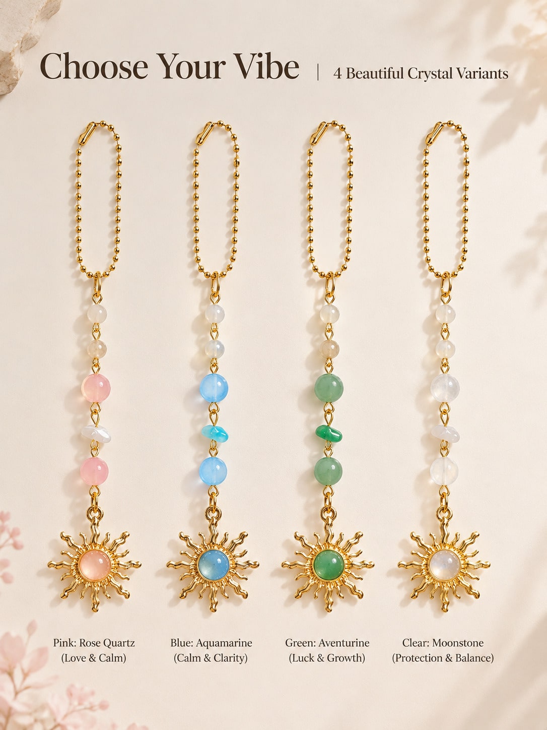 Sun Crystal Car Rearview Mirror Hanging Ornament- Natural Quartz & Pearl Auto Interior Decoration, Boho Chic Vehicle Charm Guardian Gift For Women